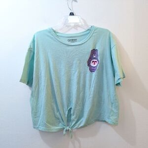 CARE BEARS Teal Cropped Short Sleeve Tie Front Top Embroidery Womens 3XL